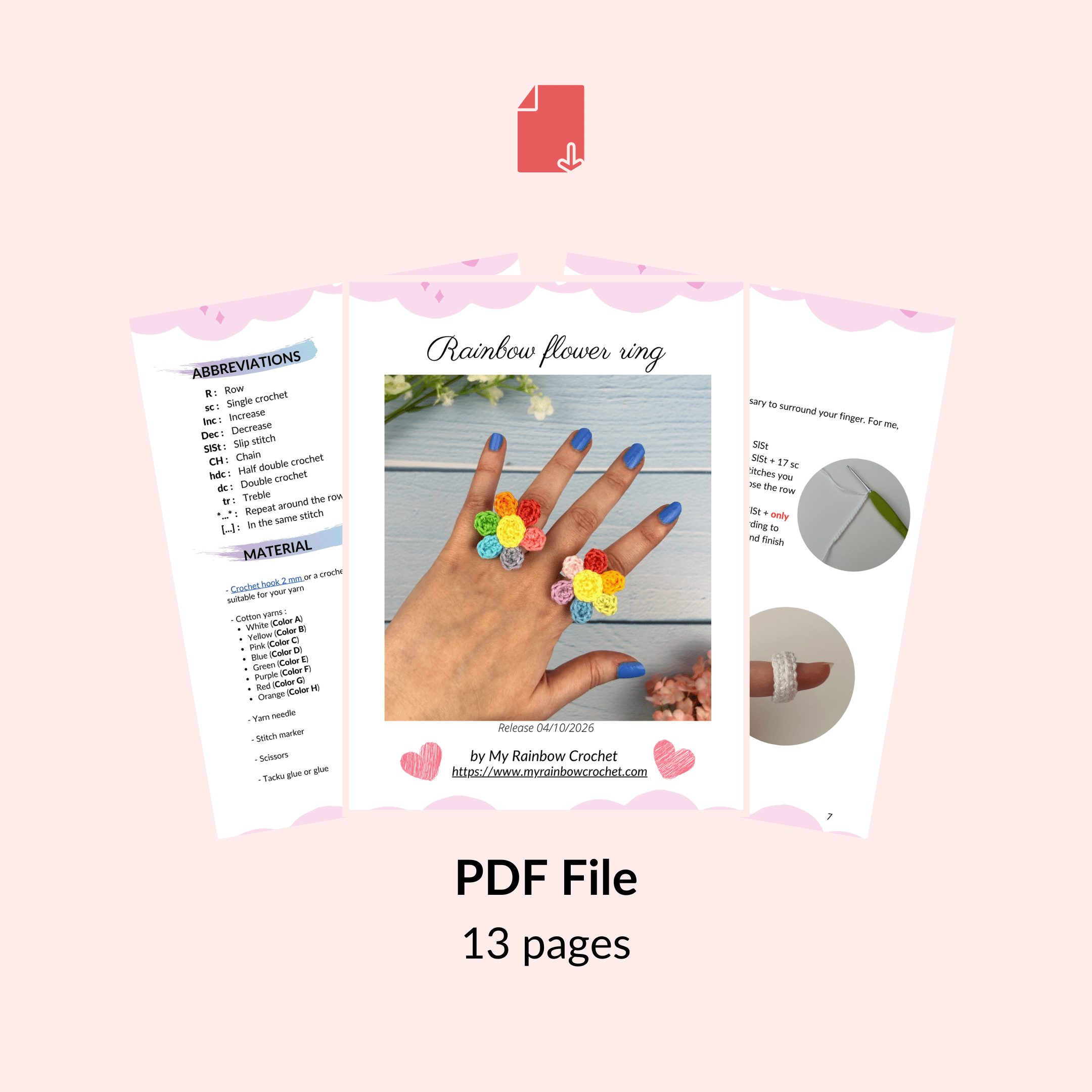 rainbow flower ring crochet pattern easy fast beginner jewelry