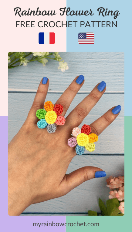 rainbow flower ring free crochet pattern easy jewelry beginner US 2