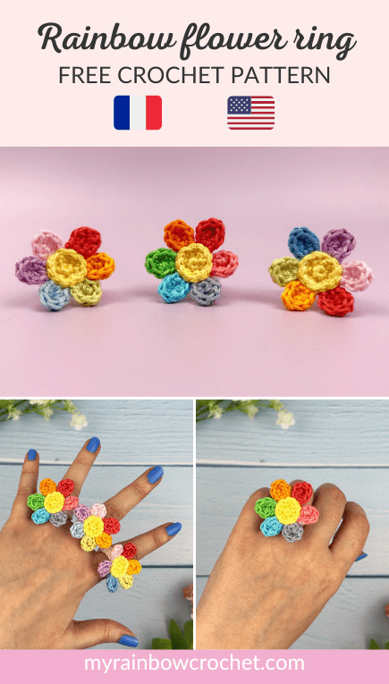 rainbow flower ring free crochet pattern easy jewelry beginner US 4
