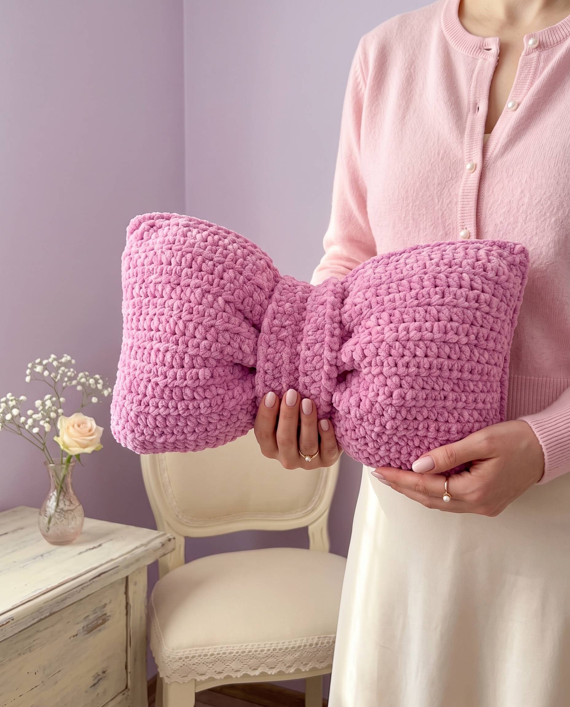 bow pillow cushion easy crochet pattern for beginner decoration chenille yarn
